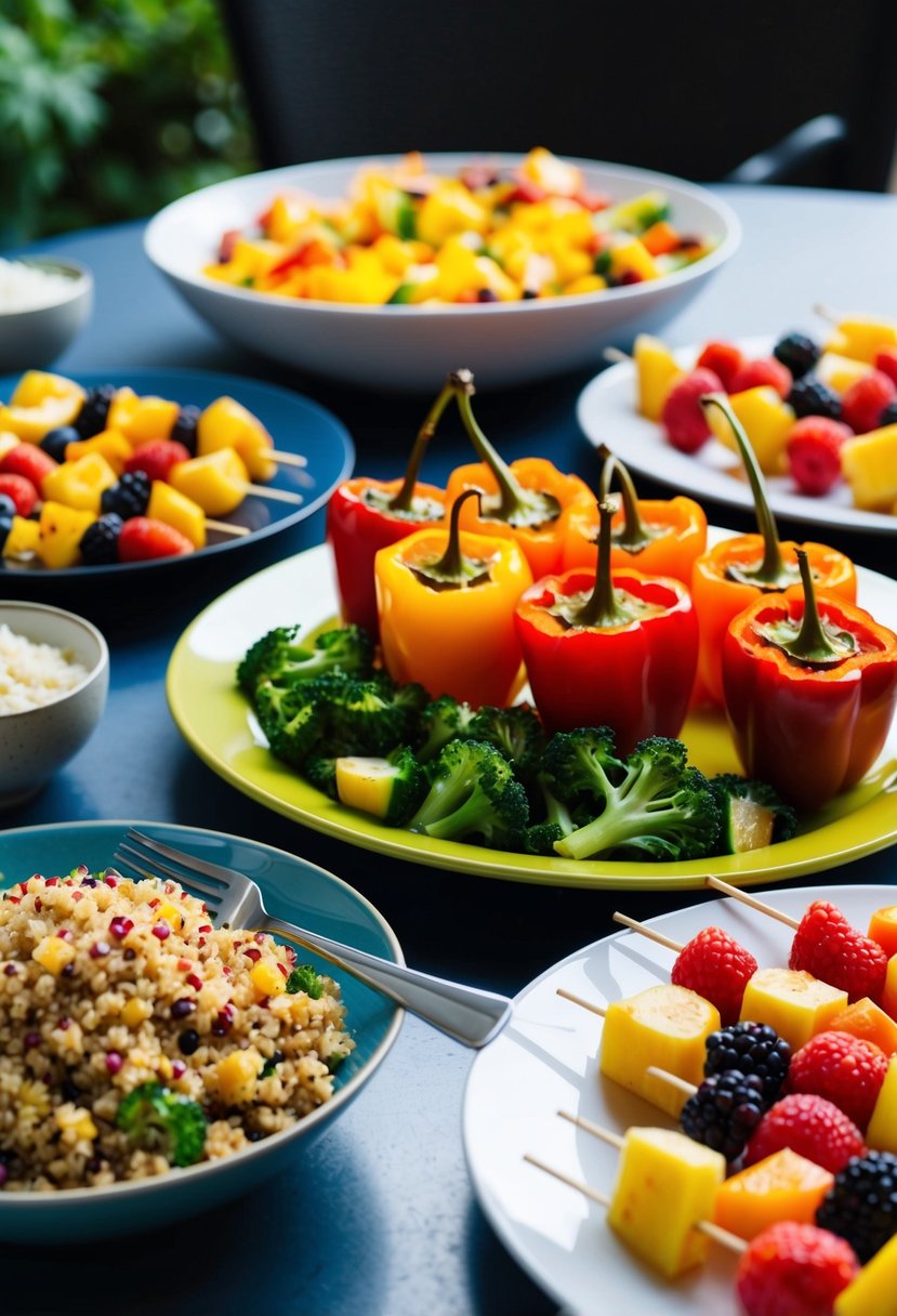 A table filled with colorful dishes: quinoa salad, roasted vegetable platter, stuffed bell peppers, and fruit skewers