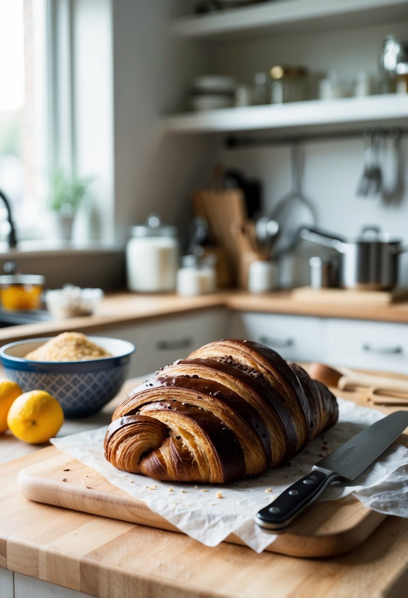 A kitchen counter with a freshly baked chocolate croissant loaf from Trader Joe's, surrounded by ingredients and baking utensils