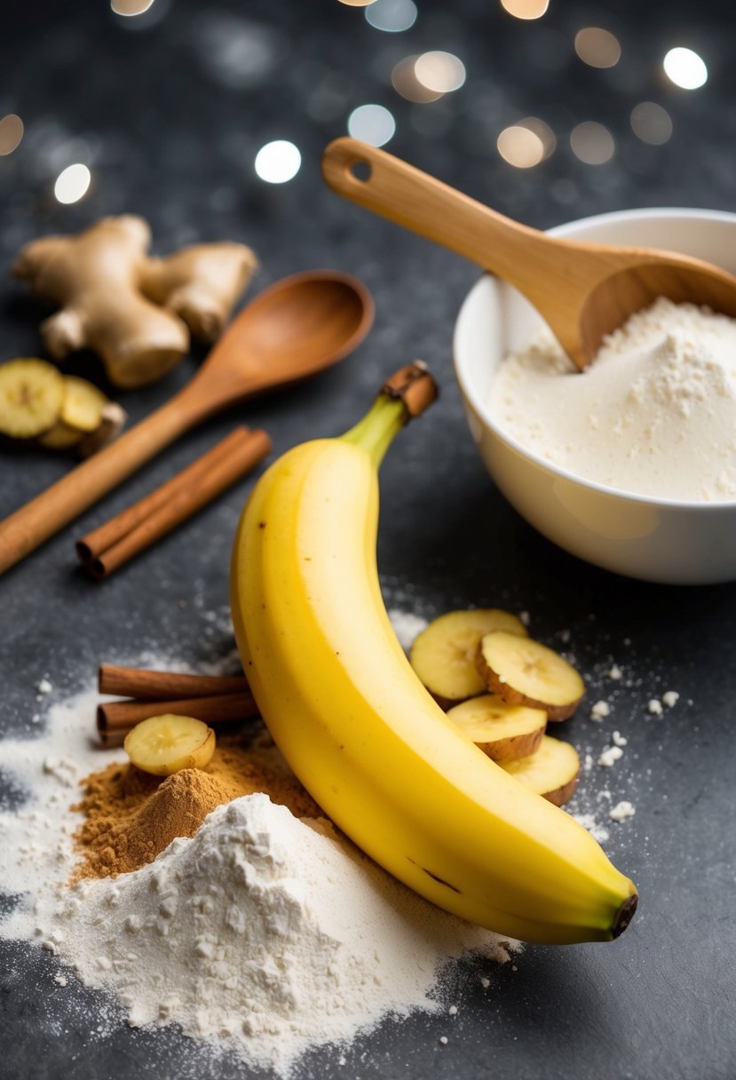 A ripe banana surrounded by ginger, cinnamon, and flour, with a mixing bowl and wooden spoon nearby