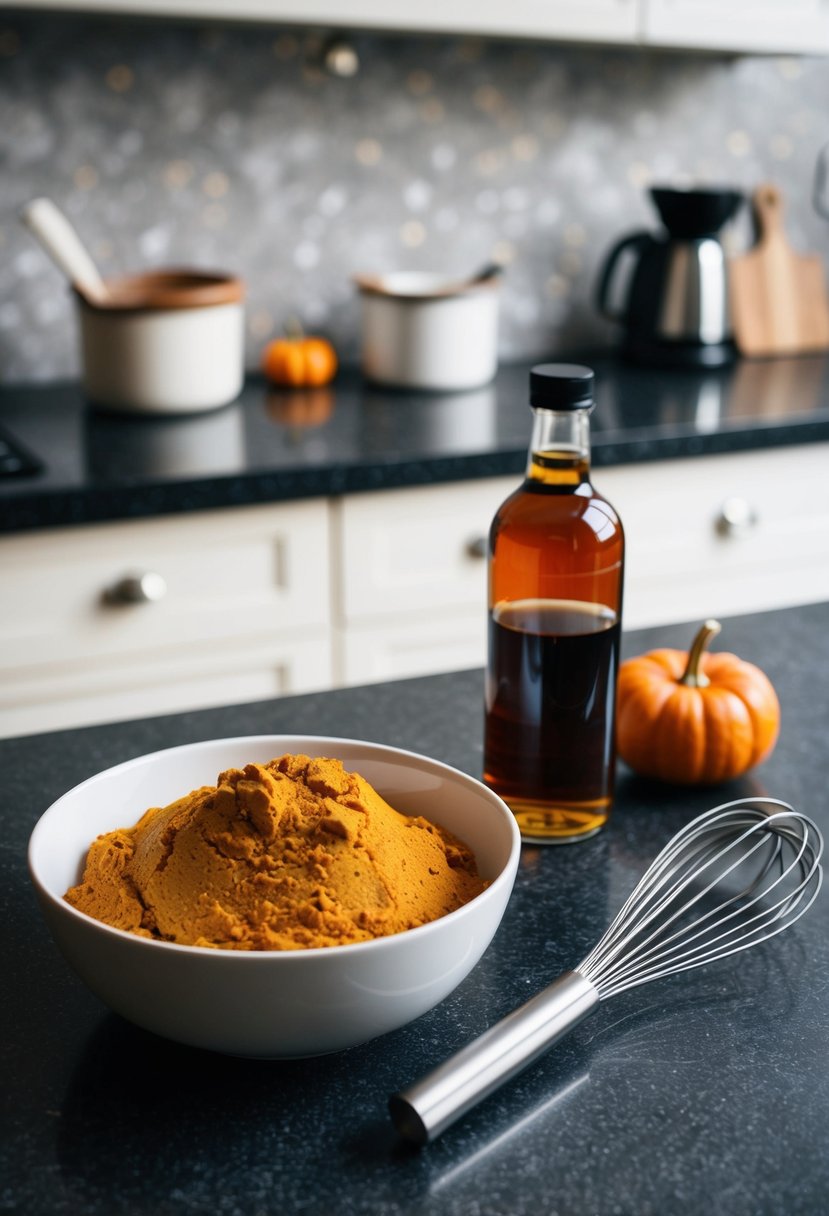 A bowl of pumpkin bread mix, a whisk, and a bottle of syrup on a kitchen counter