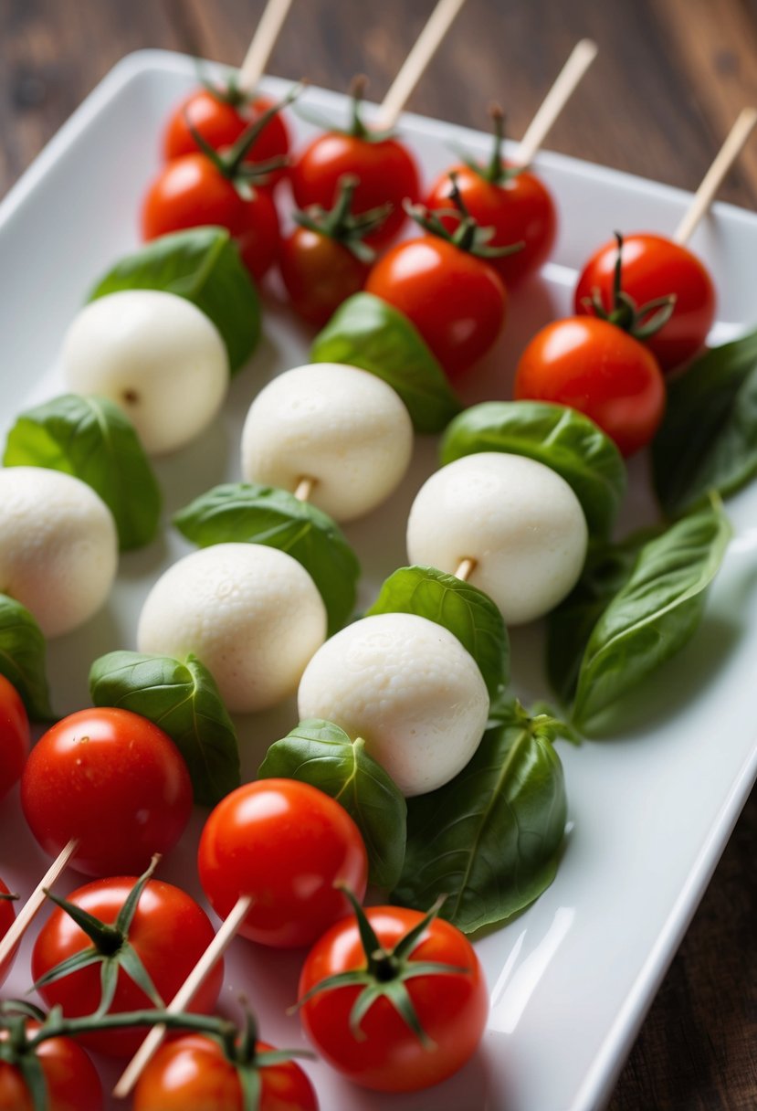 Fresh cherry tomatoes, mozzarella balls, and basil leaves skewered on toothpicks, arranged on a white platter