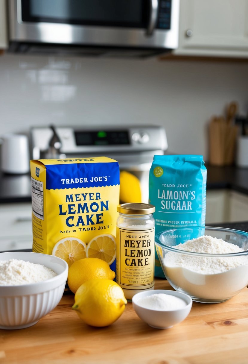 A kitchen counter with ingredients for Meyer Lemon Cake from Trader Joe's, including lemons, flour, sugar, and a mixing bowl