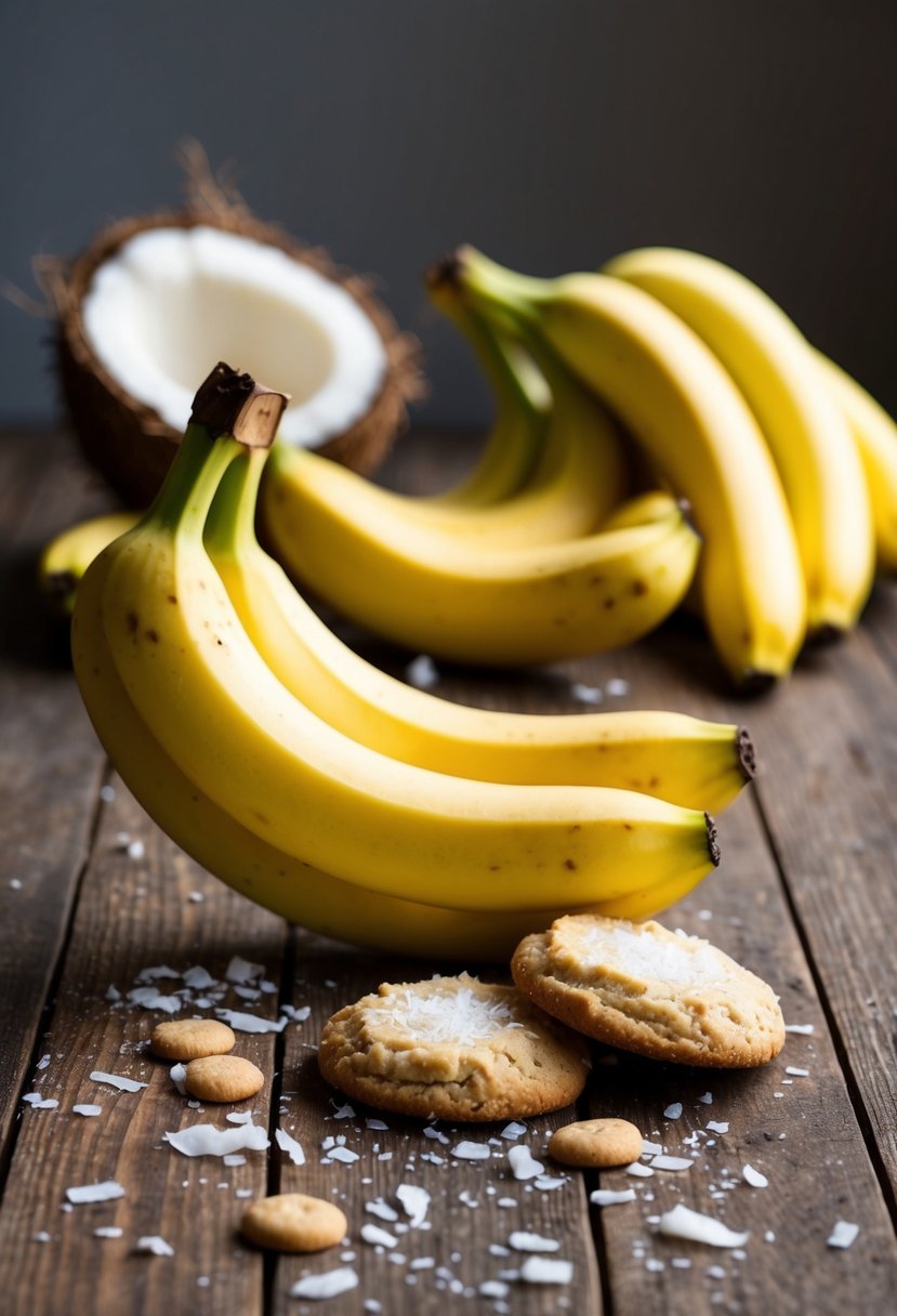 A ripe banana and coconut cookies on a wooden table with scattered coconut flakes and a bunch of bananas in the background