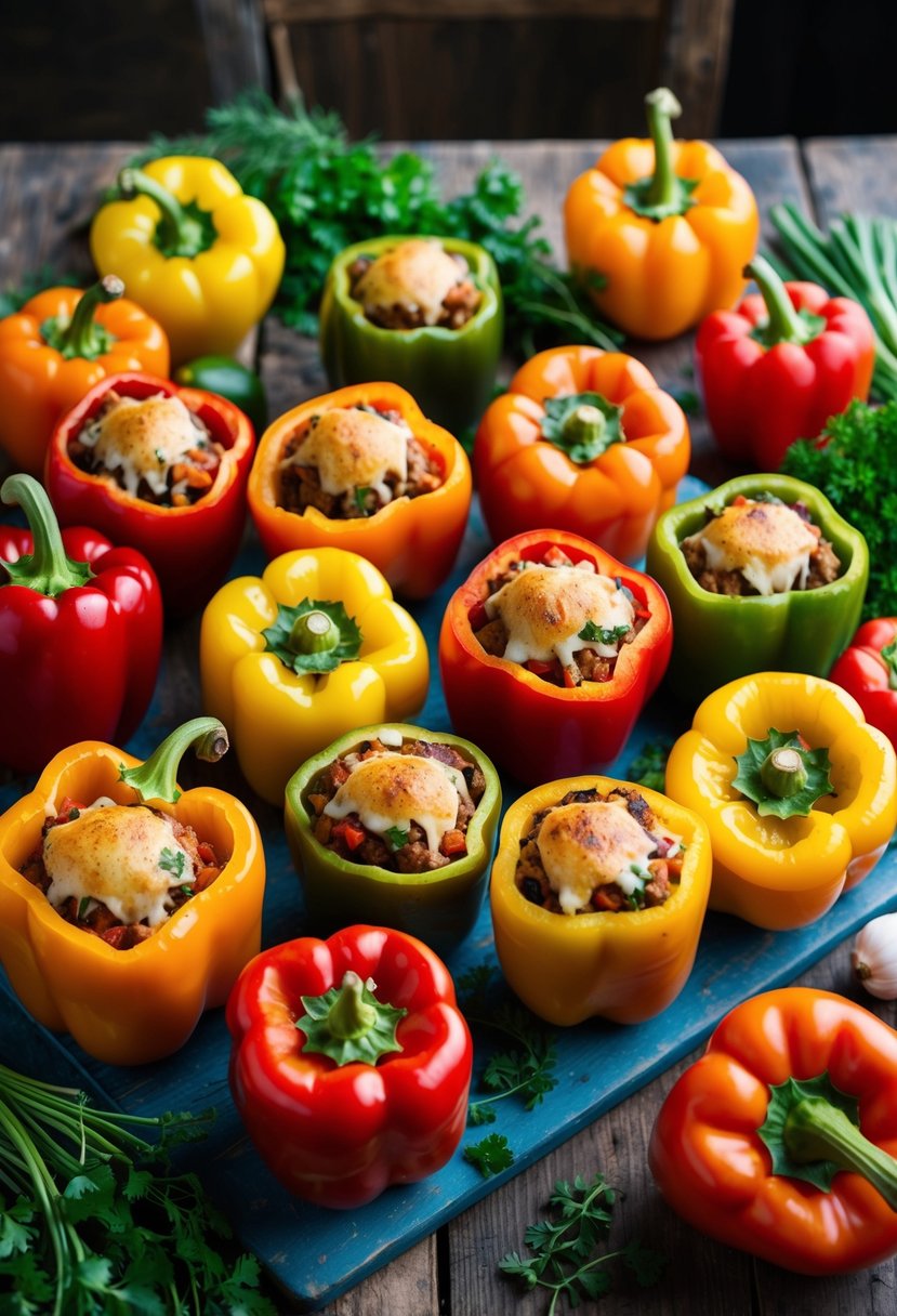 A colorful array of stuffed bell peppers arranged on a rustic wooden table, surrounded by fresh herbs and vibrant vegetables