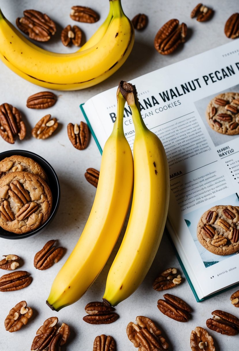 A ripe banana surrounded by walnuts and pecans, with a cookie recipe book open to a page on banana walnut pecan cookies