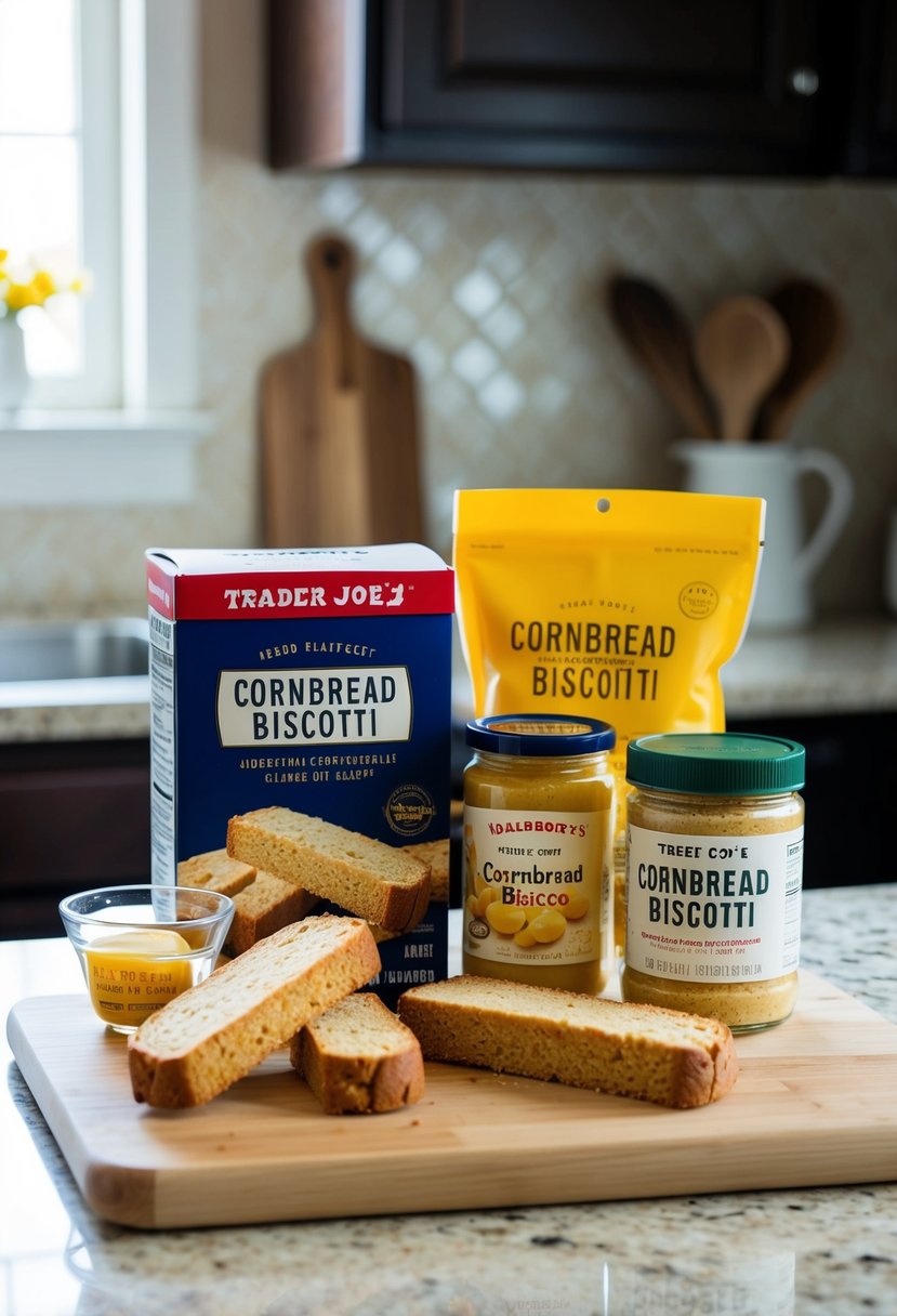 A kitchen counter with ingredients for cornbread biscotti from Trader Joe's laid out for baking