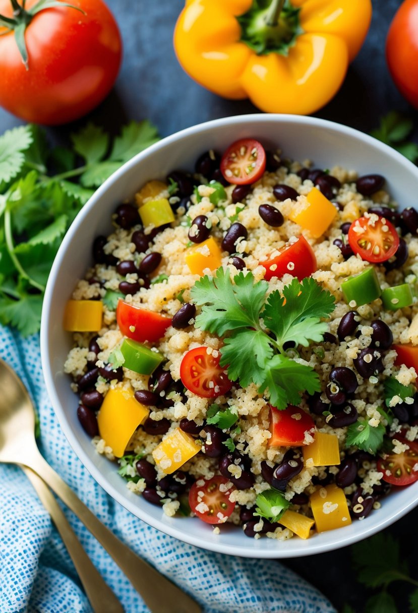 A colorful bowl of quinoa and black bean salad surrounded by fresh ingredients like tomatoes, bell peppers, and cilantro