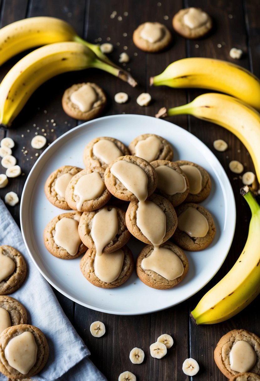 A plate of freshly baked banana cookies drizzled with glossy maple glaze, surrounded by ripe bananas and scattered cookie recipes