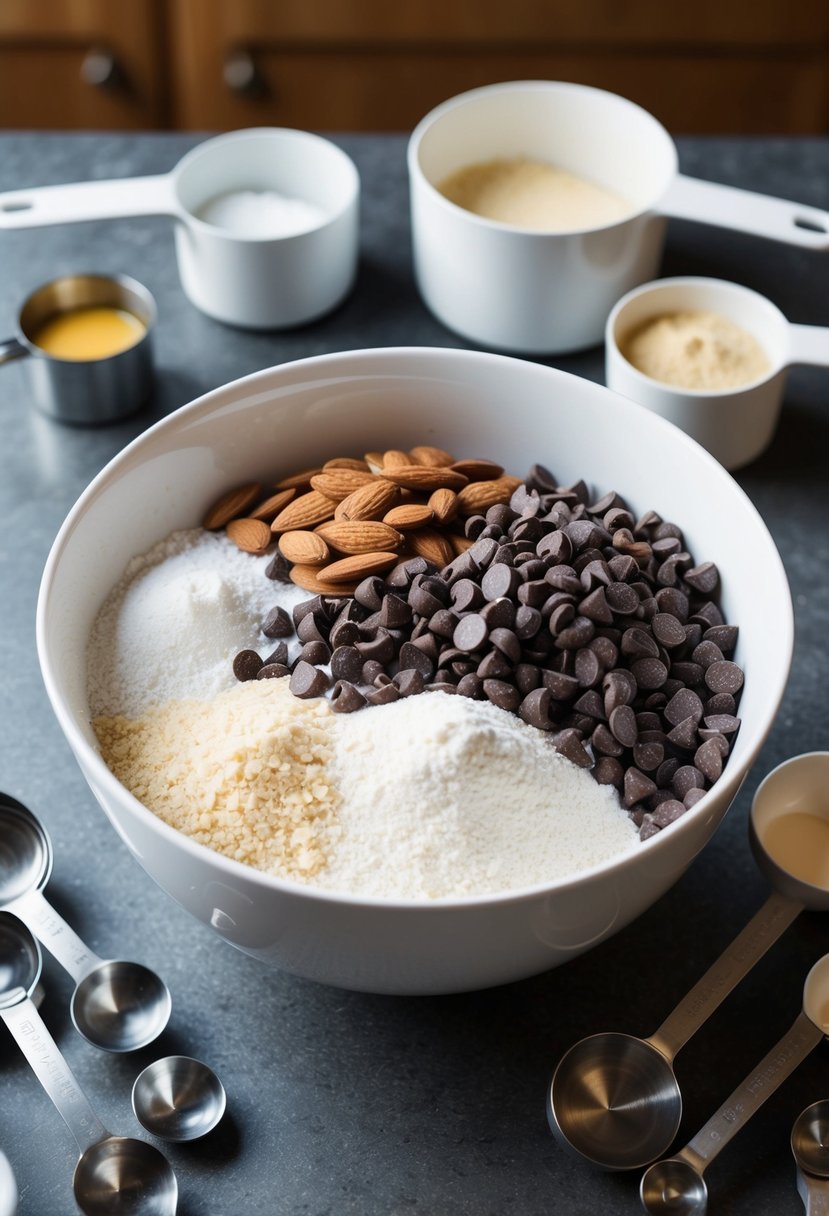 A mixing bowl filled with almond flour, chocolate chips, and other baking ingredients, surrounded by measuring cups and spoons on a kitchen counter