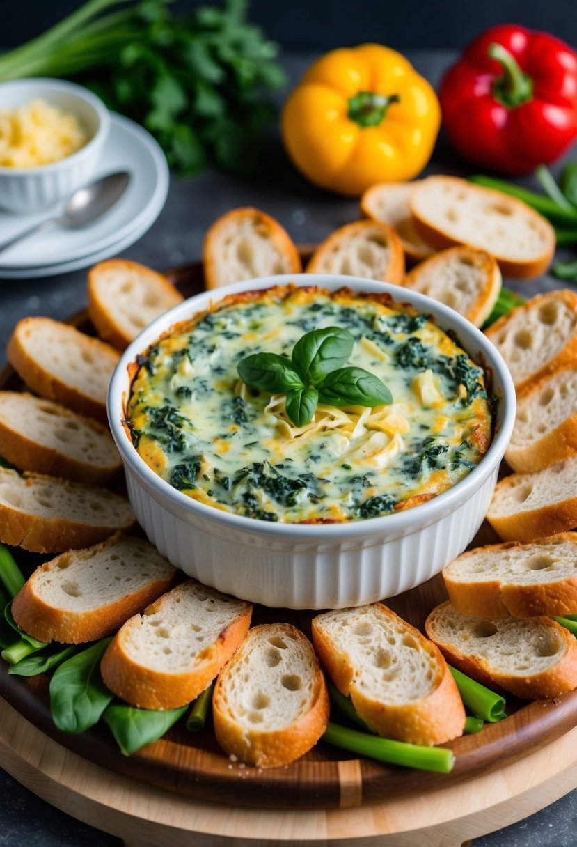 A bubbling dish of creamy spinach and artichoke dip surrounded by fresh-cut vegetables and crispy bread slices on a wooden serving platter