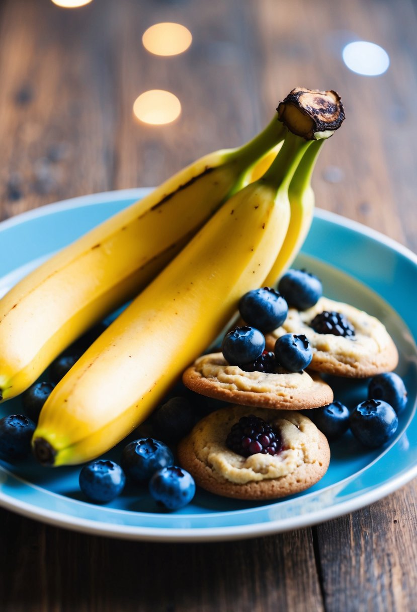 A ripe banana surrounded by blueberries on a cookie-filled plate