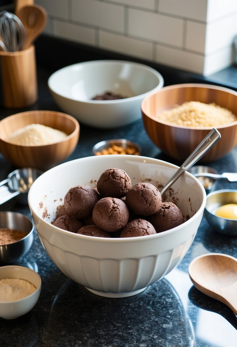 A mixing bowl filled with Brownie Truffle Mix, surrounded by ingredients and utensils on a kitchen countertop