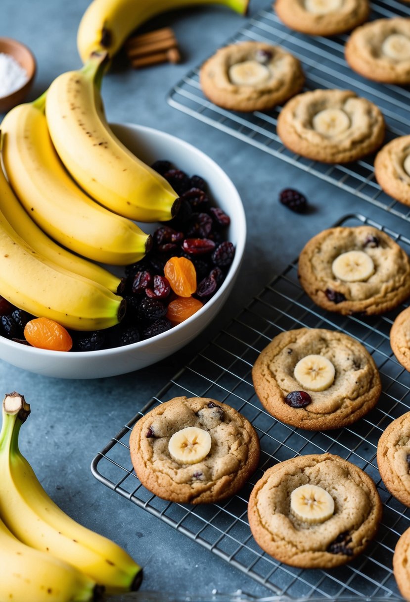 A bowl of ripe bananas, raisins, and spices next to a tray of freshly baked banana raisin cookies cooling on a wire rack