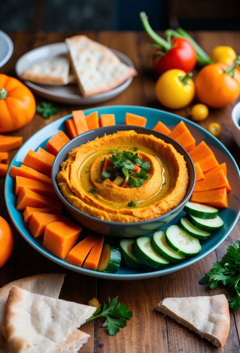 A bowl of sweet potato hummus surrounded by colorful vegetables and pita bread, set on a wooden table for a potluck