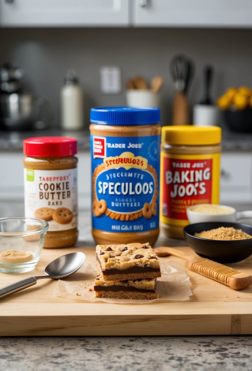 A kitchen counter with ingredients and utensils for making Speculoos Cookie Butter Bars from Trader Joe's baking recipes