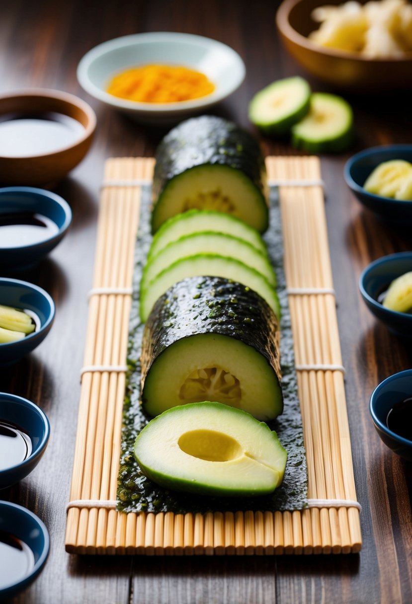 A wooden sushi rolling mat with freshly sliced cucumber and avocado arranged on a sheet of nori, surrounded by small dishes of soy sauce and pickled ginger