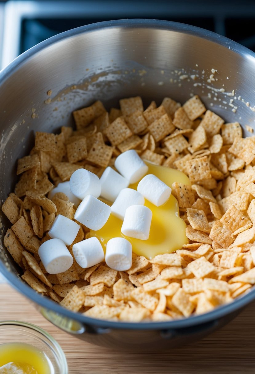 A mixing bowl filled with crispy rice cereal and marshmallows being stirred together with melted butter in a kitchen