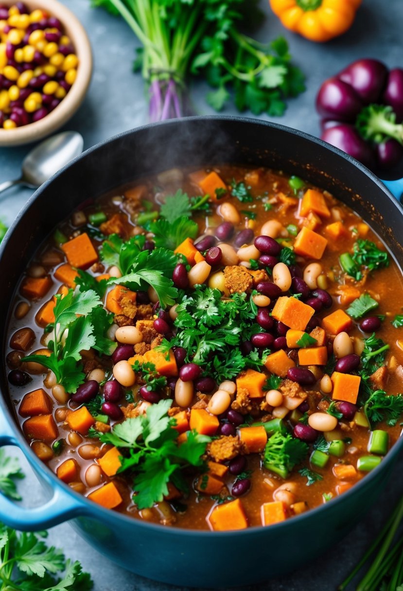 A colorful array of fresh vegetables, beans, and spices simmering in a large pot, creating a fragrant and hearty vegetarian chili