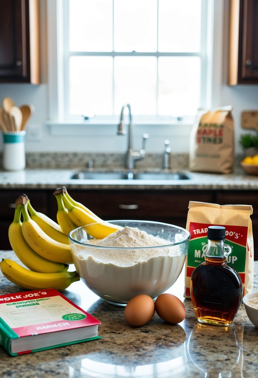 A kitchen counter with a mixing bowl, ripe bananas, flour, eggs, and a bottle of maple syrup, surrounded by a recipe book and a Trader Joe's bag