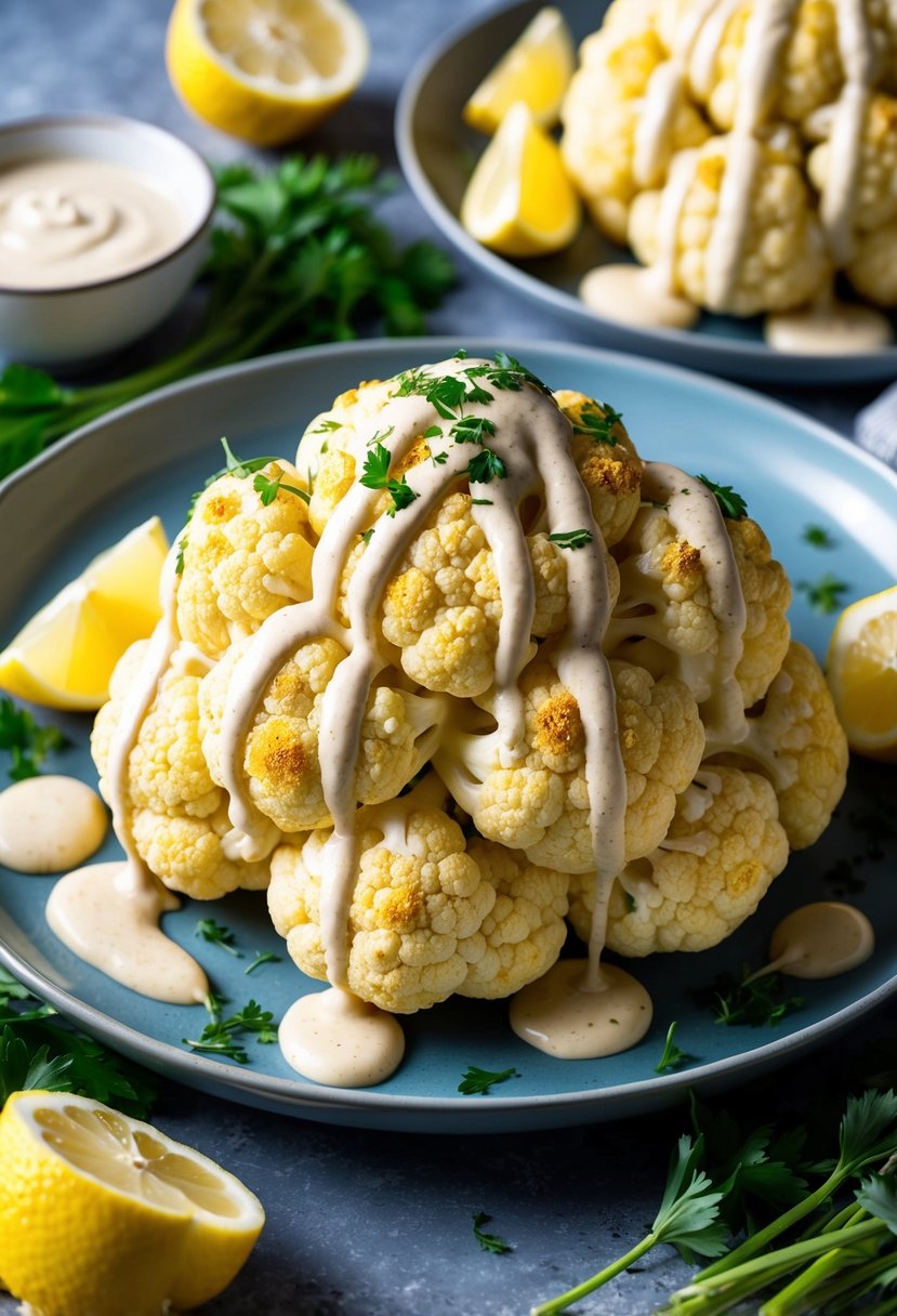 A platter of golden roasted cauliflower drizzled with tahini sauce, surrounded by fresh herbs and lemon wedges