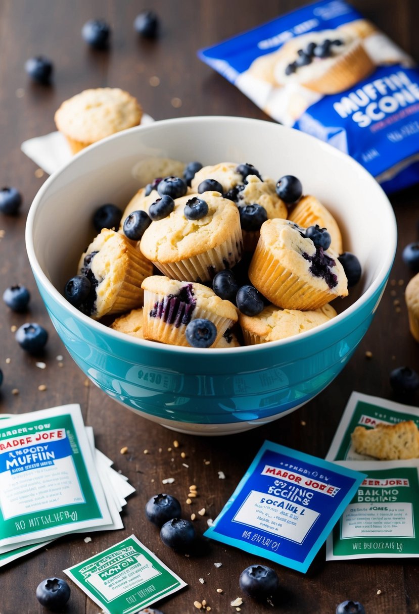 A mixing bowl filled with blueberry muffin mix and scone ingredients, surrounded by scattered Trader Joe's baking recipes