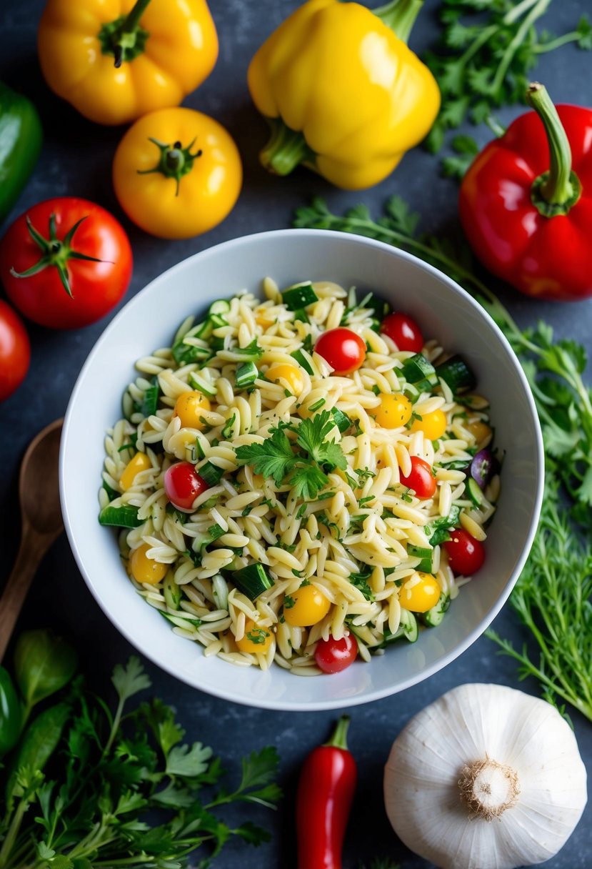 A colorful bowl of orzo salad surrounded by fresh Mediterranean vegetables and herbs