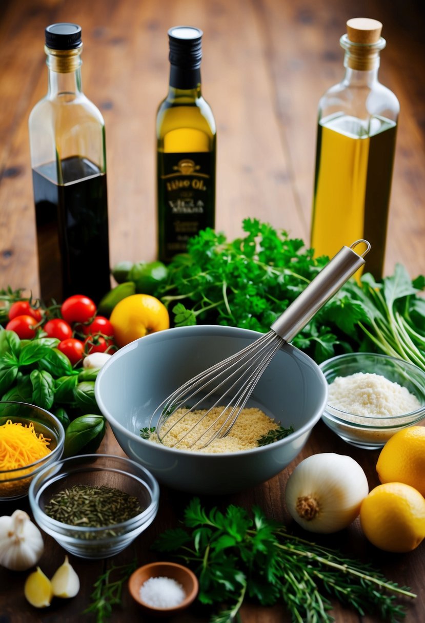 A variety of fresh ingredients and herbs arranged around a mixing bowl and whisk. Bottles of olive oil and vinegar in the background