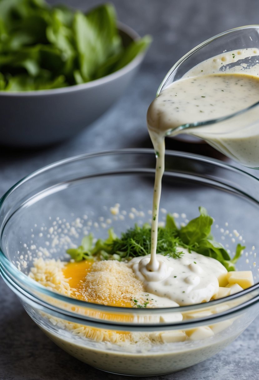 A bowl of Caesar salad dressing ingredients being mixed together in a glass bowl