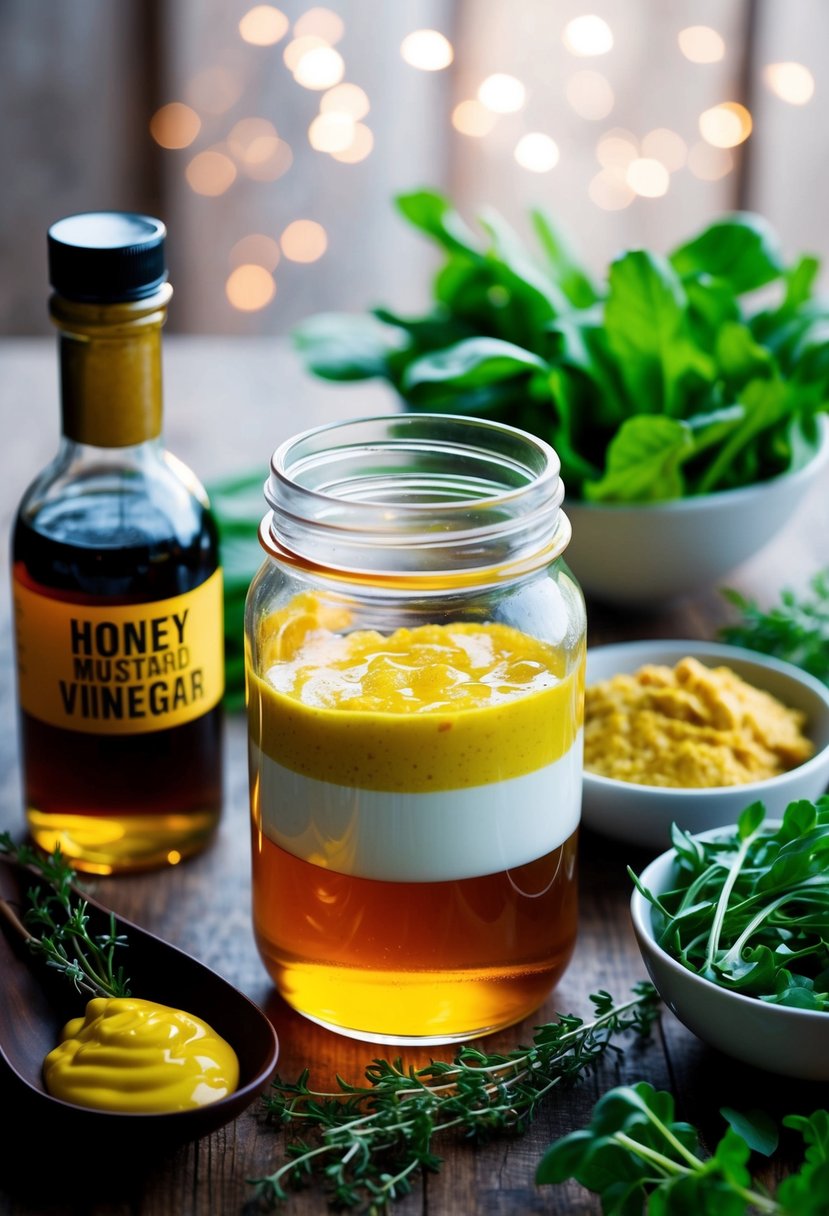 A glass jar filled with honey, mustard, and vinegar, surrounded by fresh herbs and a bowl of mixed greens