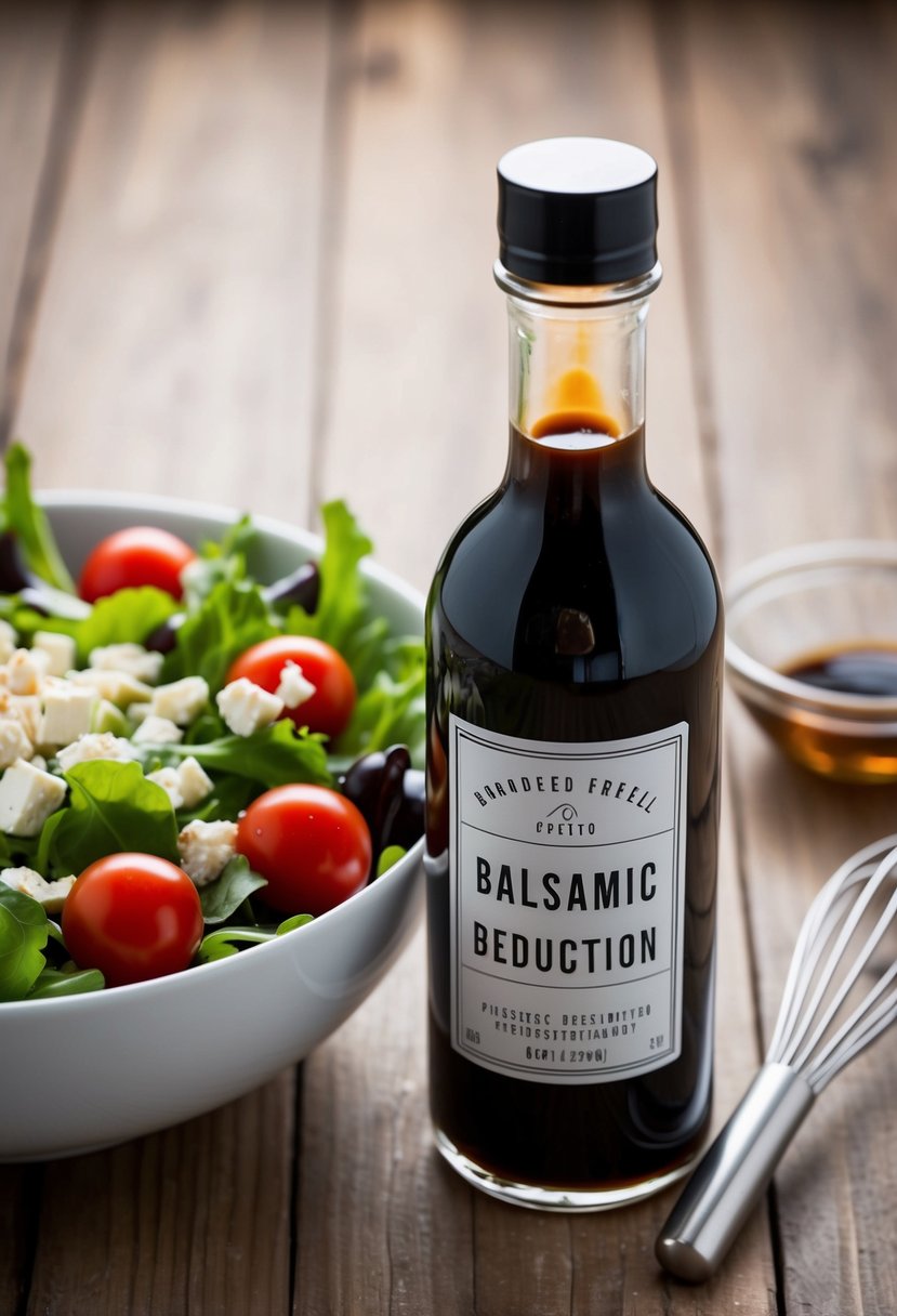 A clear glass bottle of balsamic reduction sits next to a bowl of mixed greens, cherry tomatoes, and crumbled feta cheese. A small whisk rests on the side of the bowl