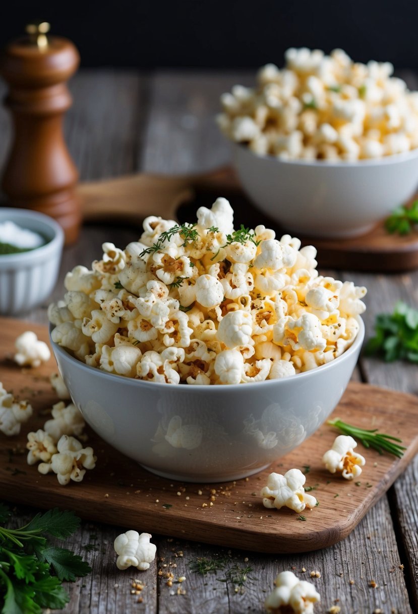 A bowl of freshly popped popcorn, sprinkled with savory seasonings and herbs, sits on a rustic wooden table