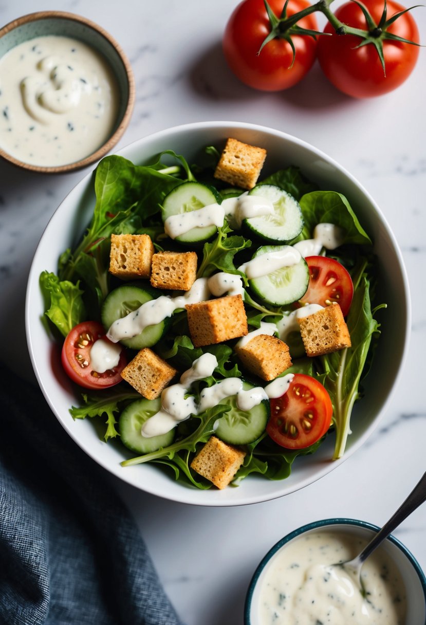 A bowl of fresh greens with tomatoes, cucumbers, and croutons, topped with a drizzle of creamy ranch dressing