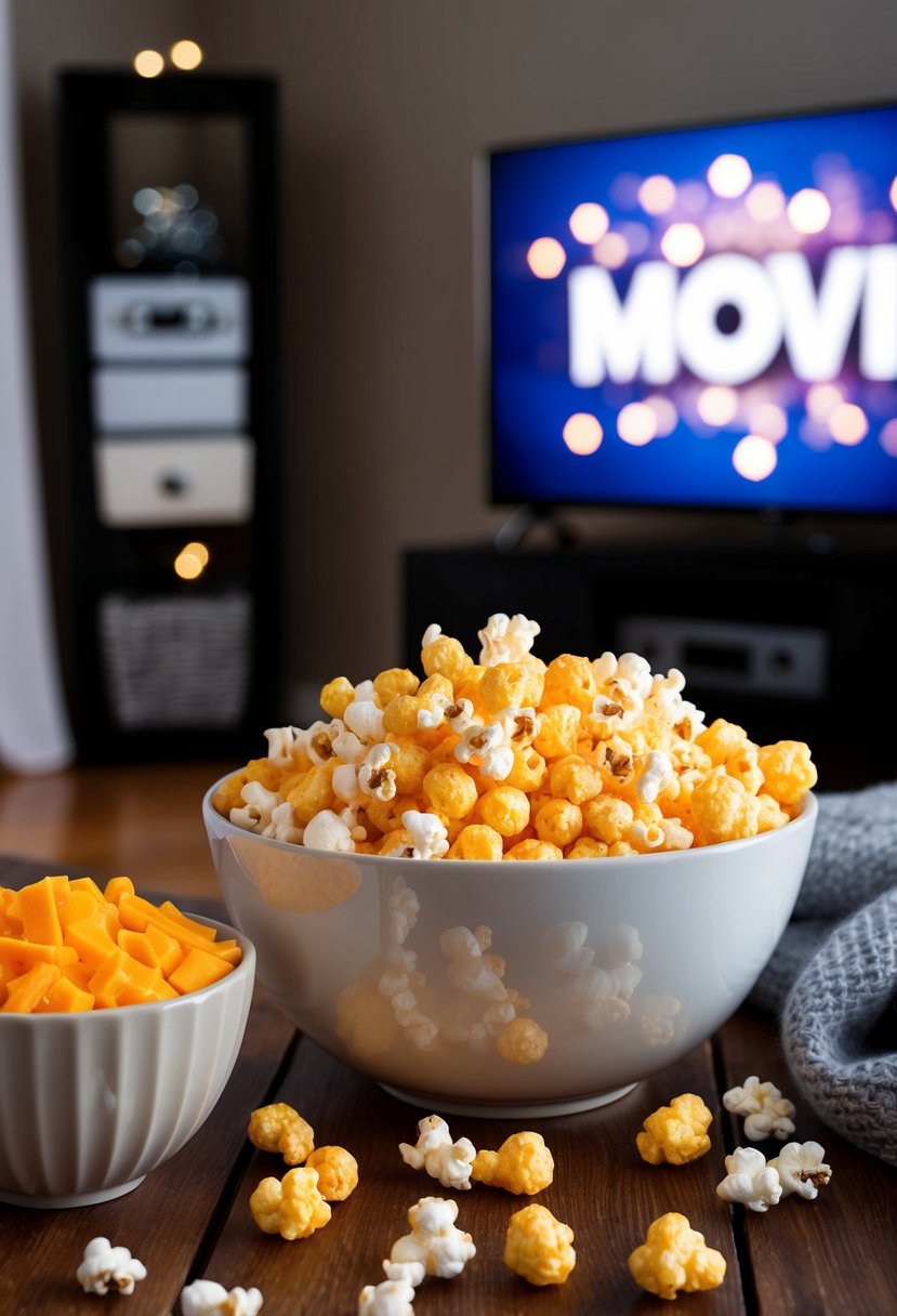 A bowl of cheddar cheese puffed popcorn sits on a wooden table next to a movie night setup with a big screen TV and cozy blankets