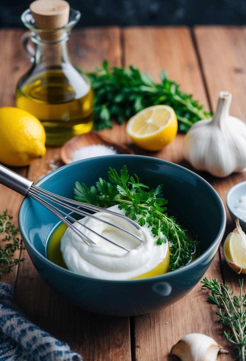 A wooden table with a bowl of Greek yogurt, fresh herbs, and a whisk, surrounded by ingredients like olive oil, lemon, garlic, and salt