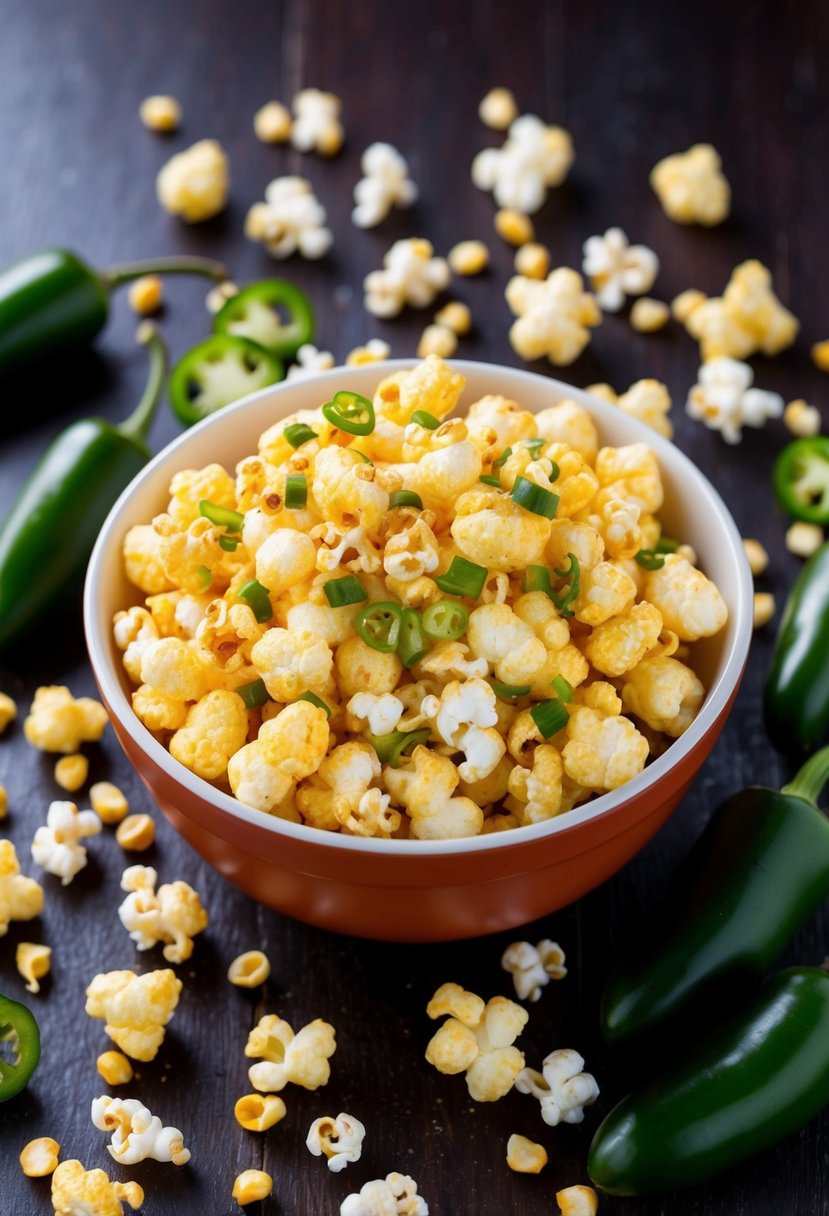 A bowl of spicy jalapeño puffed popcorn, surrounded by fresh jalapeños and a scattering of popped corn kernels