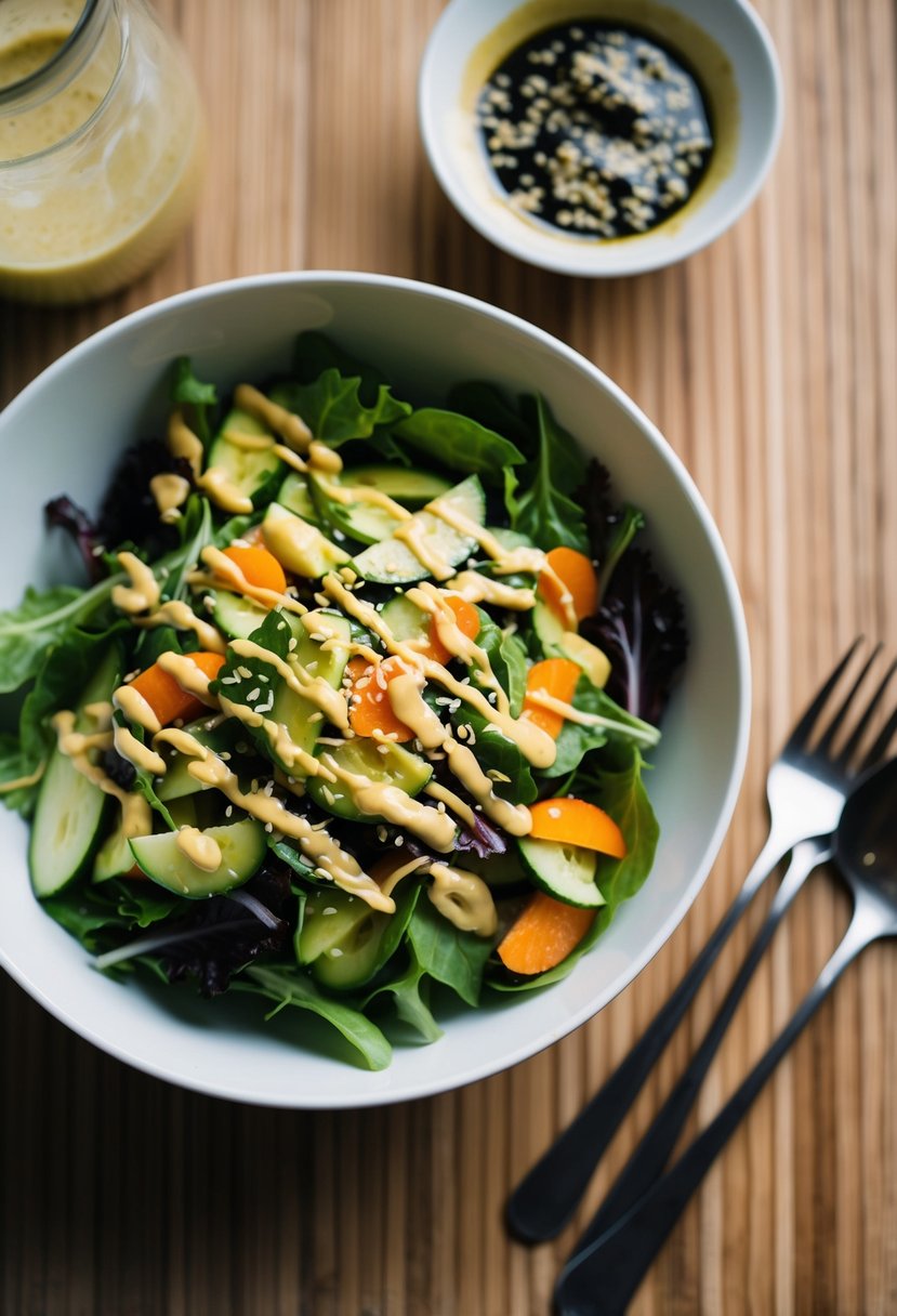 A bowl of mixed greens topped with sliced vegetables, drizzled with sesame ginger salad dressing