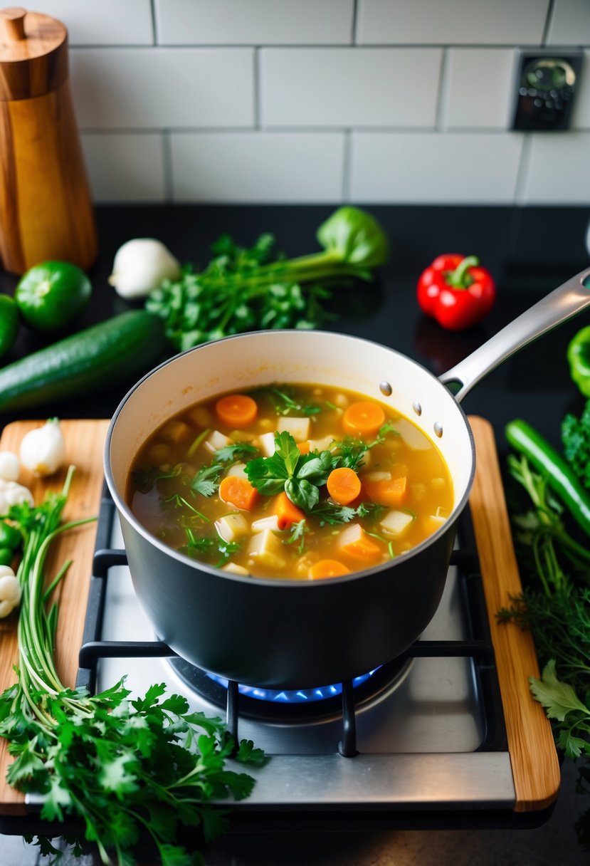 A pot of vegetable soup simmering on a stovetop, surrounded by various fresh vegetables and herbs on a cutting board