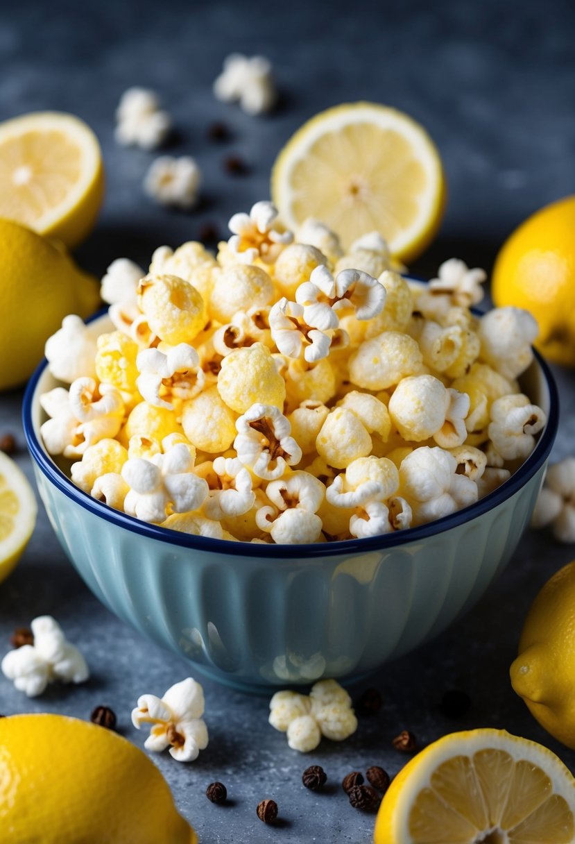 A bowl of zesty lemon pepper puffed popcorn, surrounded by fresh lemons and whole peppercorns