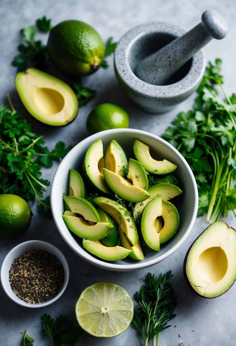 A bowl of sliced avocados and limes, surrounded by fresh herbs and ingredients, with a mortar and pestle for mixing