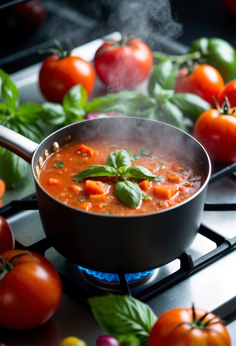 A steaming pot of tomato basil soup simmers on a stovetop, surrounded by fresh tomatoes, basil leaves, and other colorful ingredients