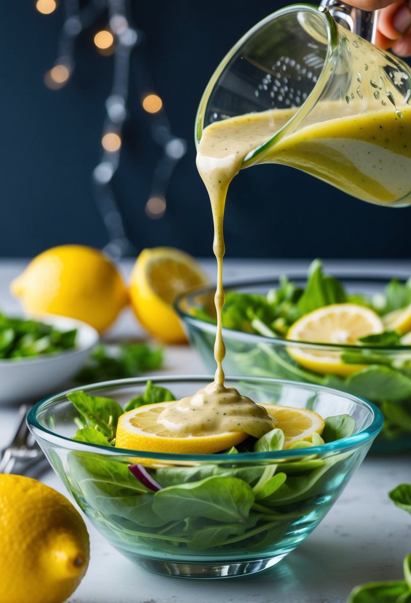 A bowl of vibrant lemon tahini salad dressing being drizzled over a fresh green salad in a glass bowl