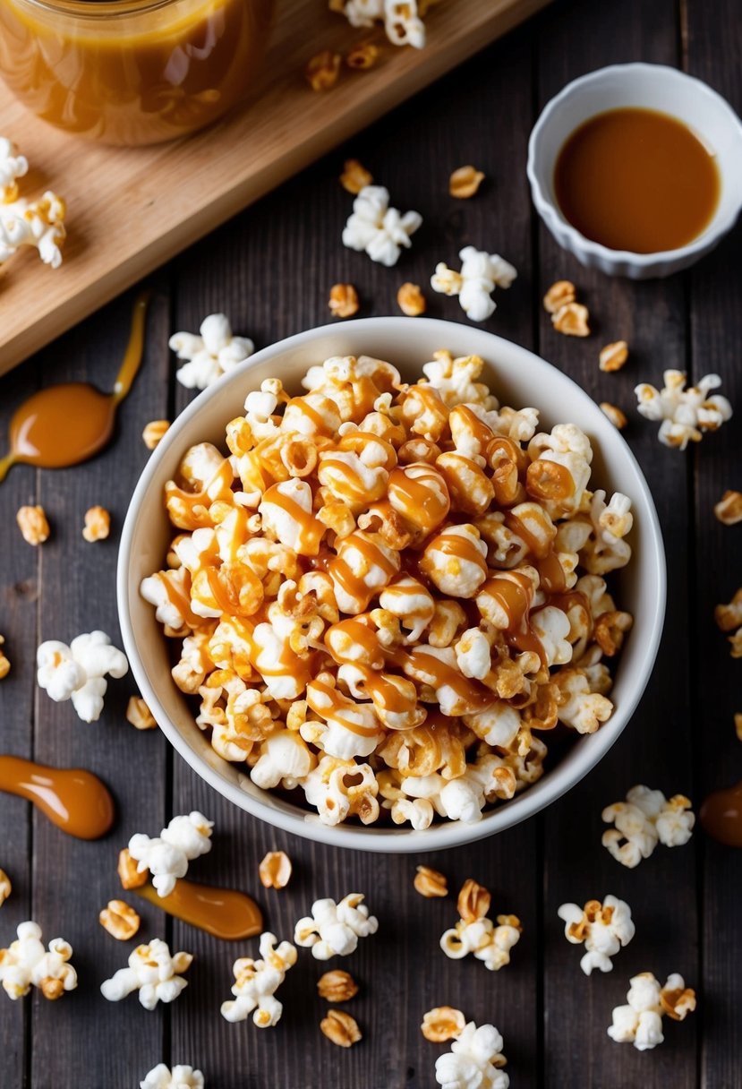 A bowl of caramel-drizzled puffed popcorn surrounded by scattered kernels and a drizzle of caramel sauce on a wooden table