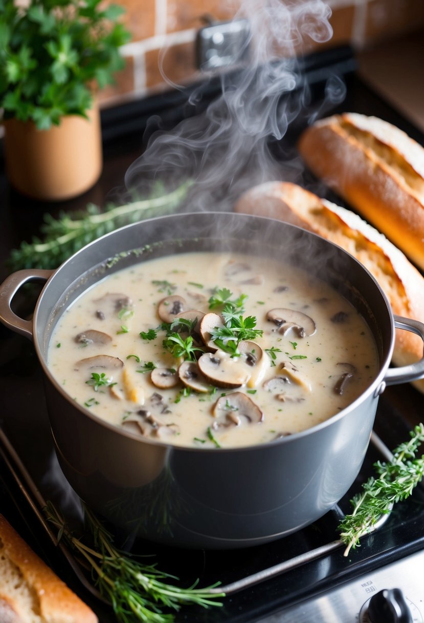 A steaming pot of creamy mushroom soup simmering on the stove, surrounded by fresh herbs and a loaf of crusty bread