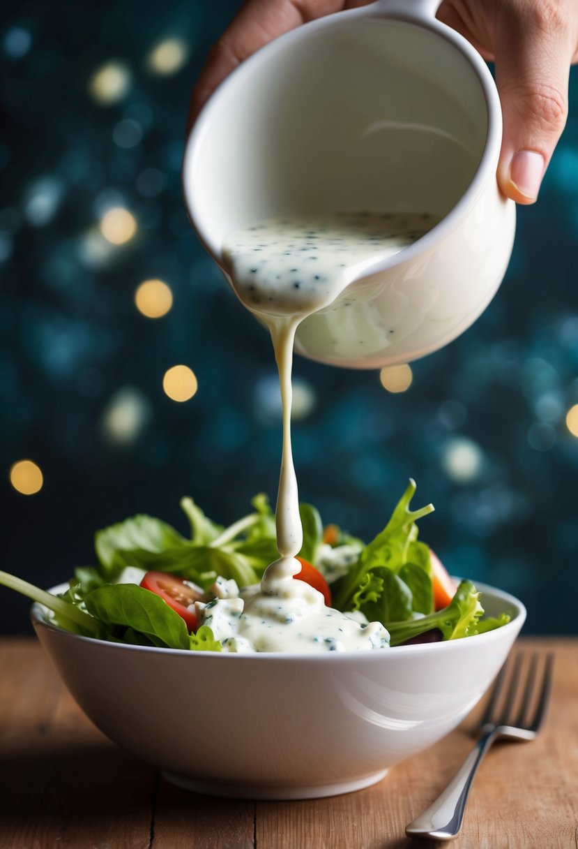 A bowl of blue cheese salad dressing being drizzled over a fresh green salad