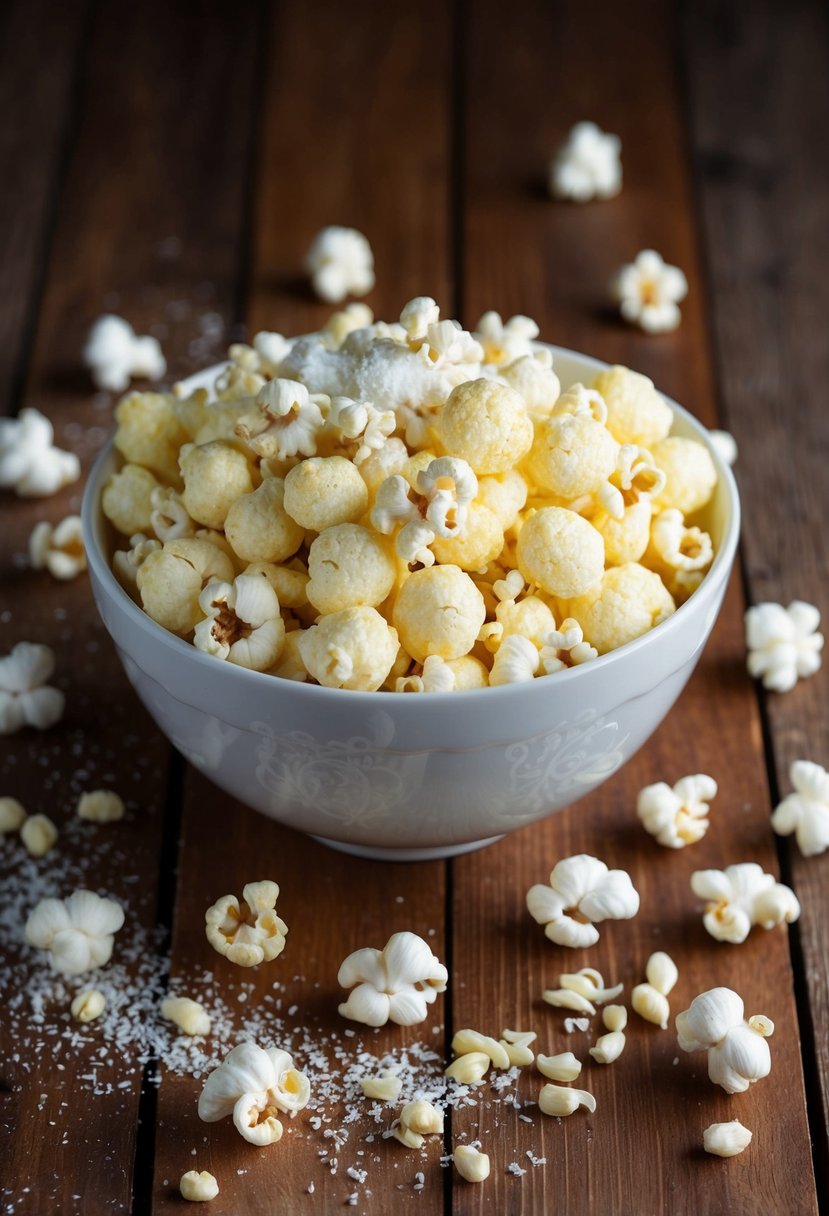 A bowl of garlic parmesan puffed popcorn sits on a wooden table, surrounded by scattered popcorn kernels and a sprinkle of grated parmesan