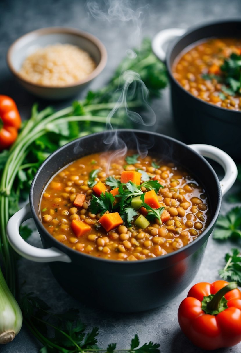 A steaming pot of spicy lentil soup surrounded by fresh vegetables and herbs