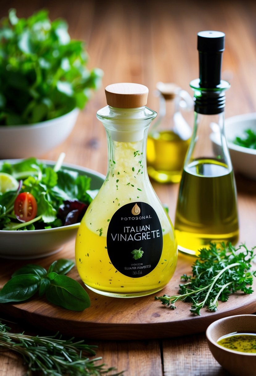 A glass bottle of Italian vinaigrette sits on a wooden table, surrounded by fresh herbs, olive oil, and a bowl of mixed salad greens