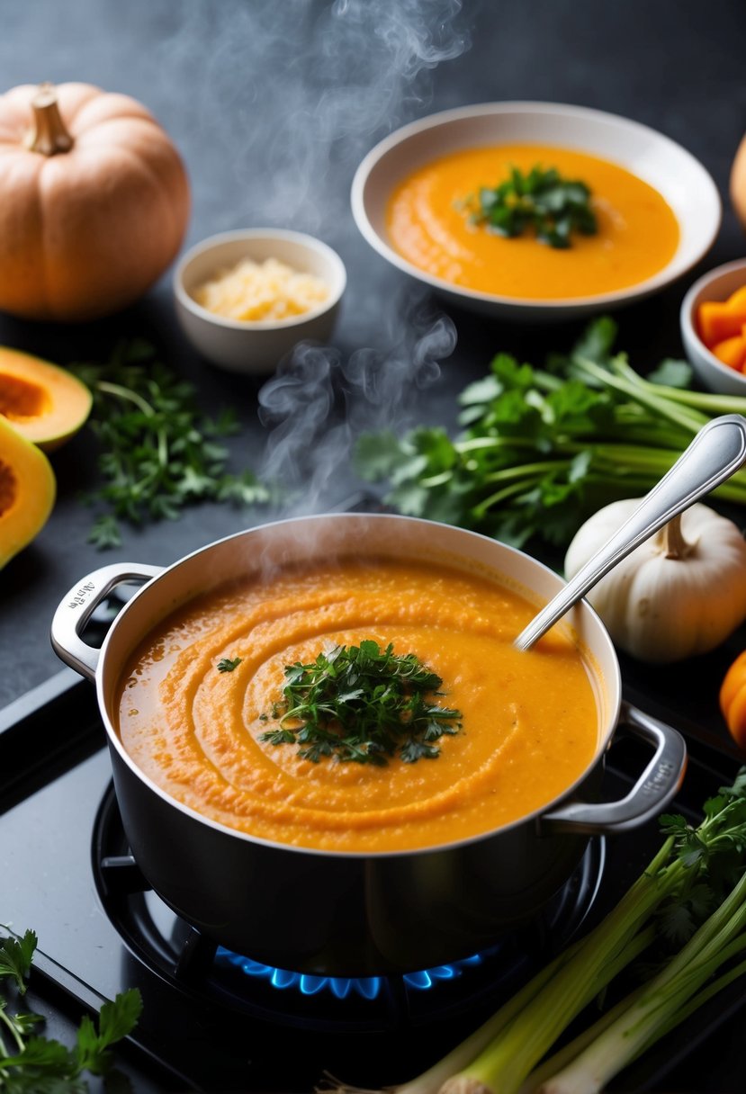 A steaming pot of butternut squash bisque simmers on the stove, surrounded by fresh vegetables and herbs