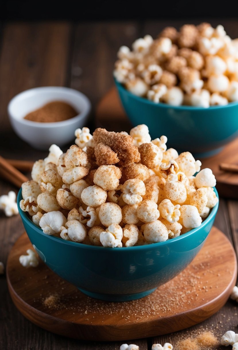 A bowl of cinnamon sugar puffed popcorn sits on a wooden table with a sprinkle of cinnamon and sugar on top