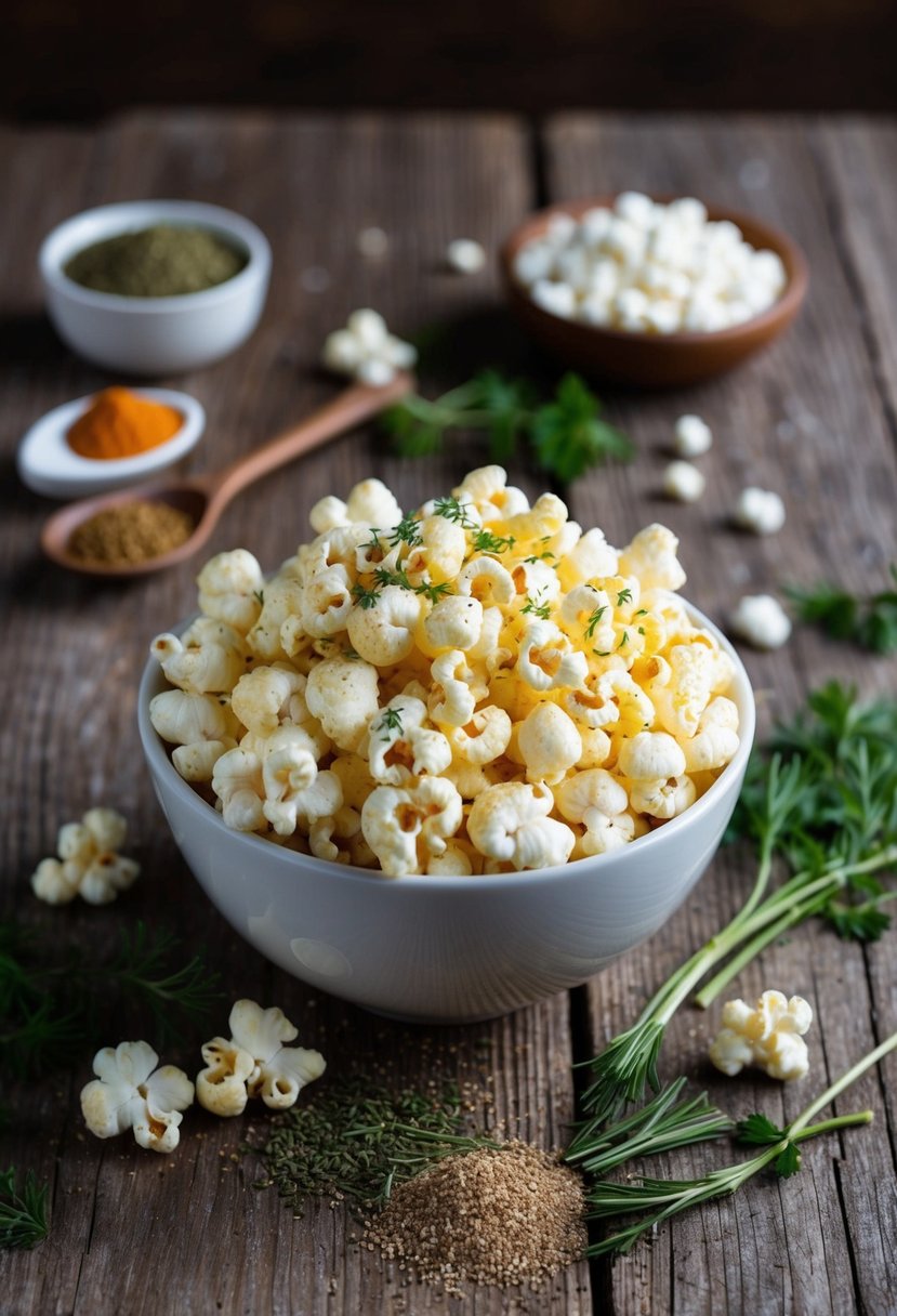 A bowl of ranch seasoned puffed popcorn surrounded by scattered herbs and spices on a rustic wooden table